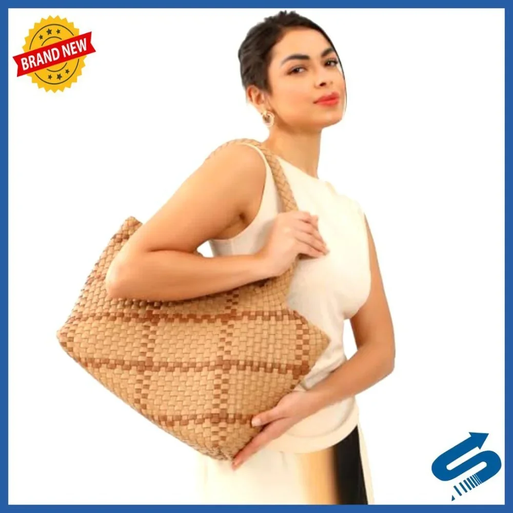 Woven Vegan Leather Tote Bag with Detachable Clutch Elegant Boho Chic